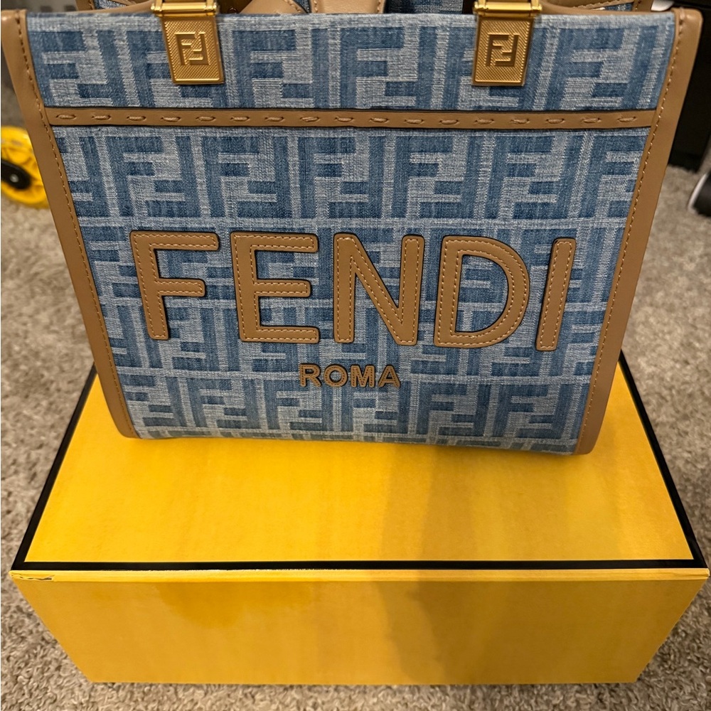Fendi Denim and Tan Logo Tote
